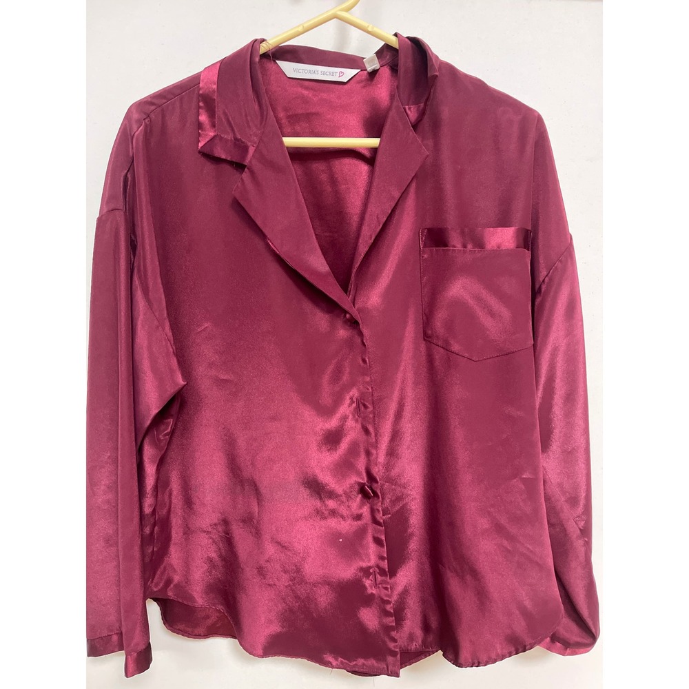 Victoria's Secret Burgundy Satin Pajama Top Button Front Long Sleeve Small